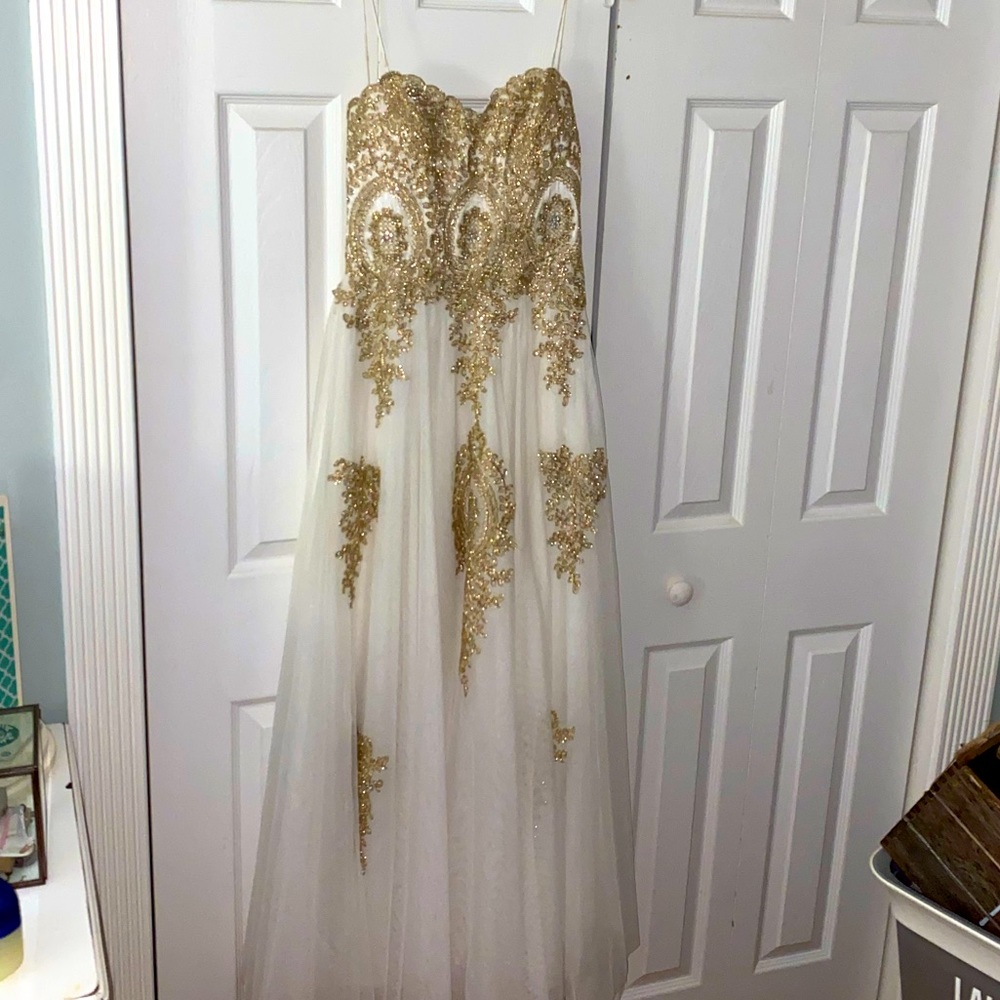 TLC white prom dress with gold detailing from Macy’s (worn once)